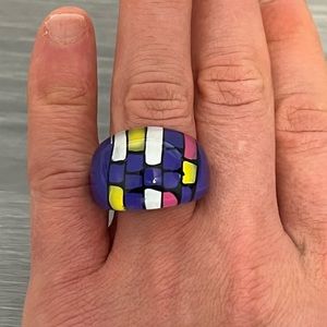Vintage Plastic Lucite Ring with Painted Design, Size 6